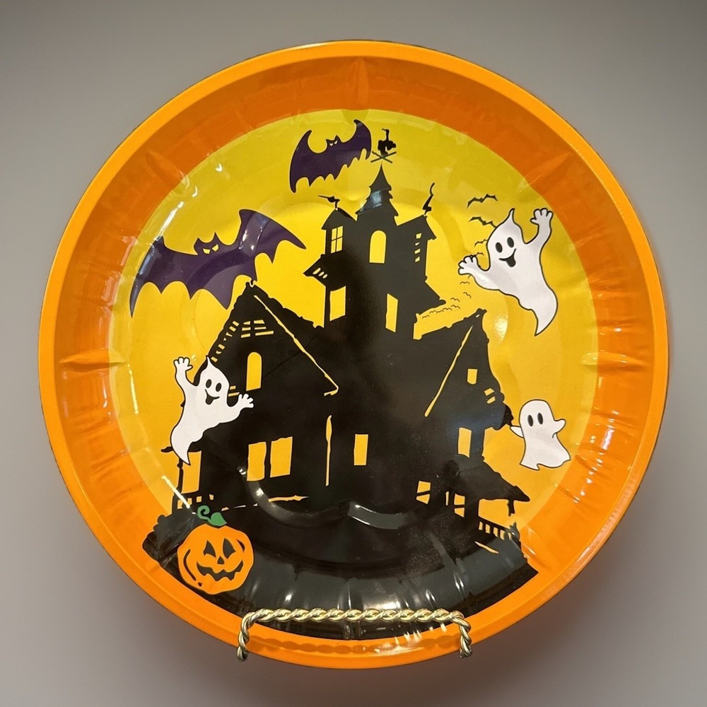 VTG Tin Halloween Tray Bowl Haunted House Orange Ghosts Bats 10"